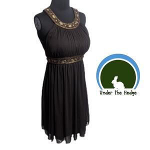 y2k CACHE Brown Bejeweled Beaded Chiffon Halter Dress Size 6 Empire Waist F2